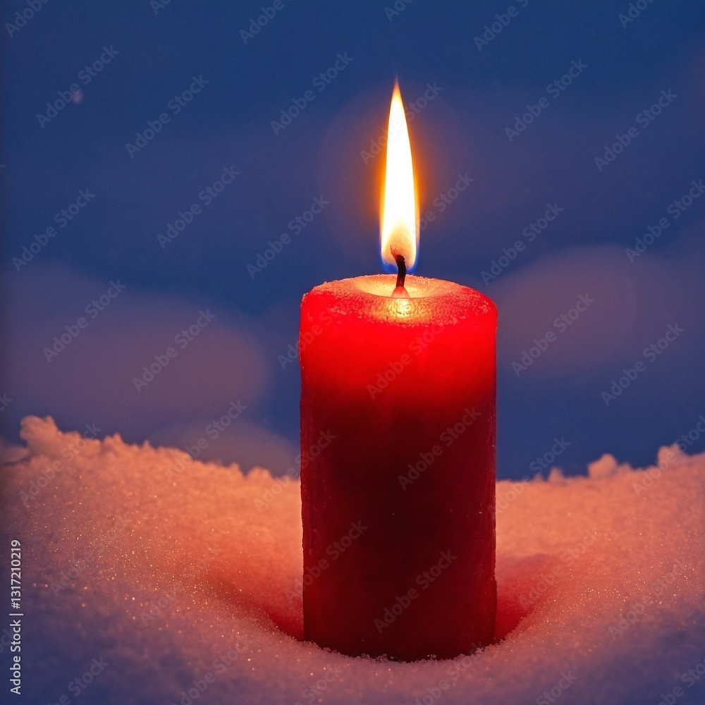 Burning candle in snow. Magic winter scene.