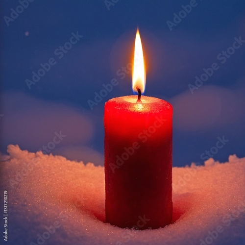 Burning candle in snow. Magic winter scene.