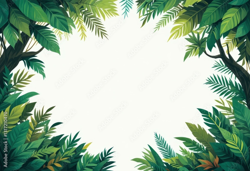 Tropical Green Leaves Frame Concept - Modern Vector Illustration White Background Nature Spring Marketing Materials Tropical Green Leaves Frame Concept - Modern Vector Illustration White Background Nature Spring Marketing Materials