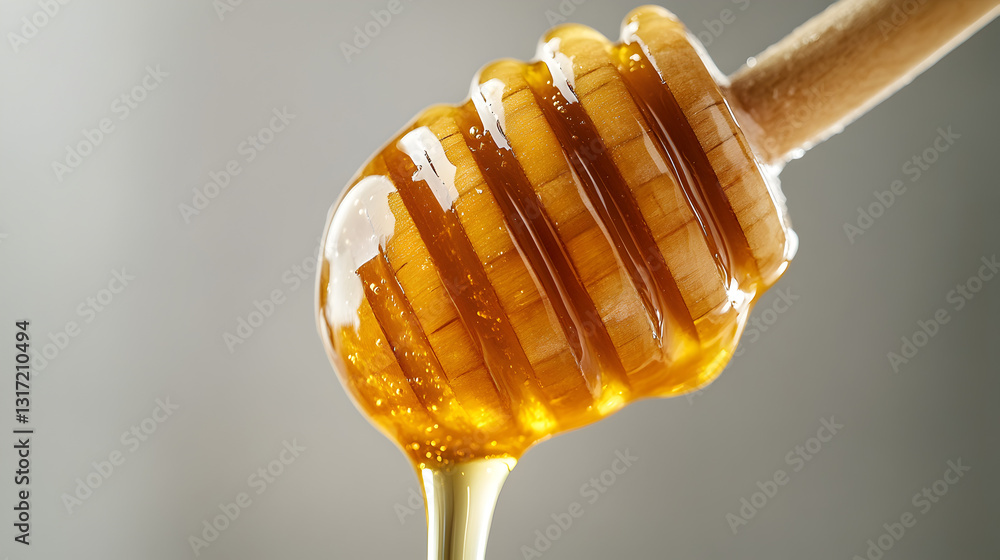 from a wooden honey dipper in mid-air against a clean backdrop from a wooden honey dipper in mid-air against a clean backdrop