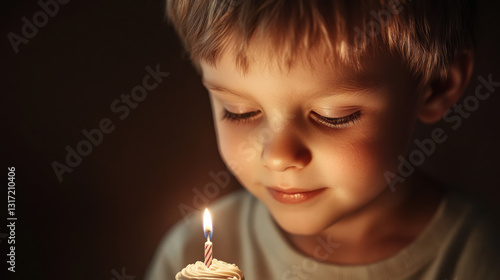 Wallpaper Mural A close-up of a young boy's pensive expression as he looks down at a birthday cupcake with a single candle, the wax dripping slowly Torontodigital.ca