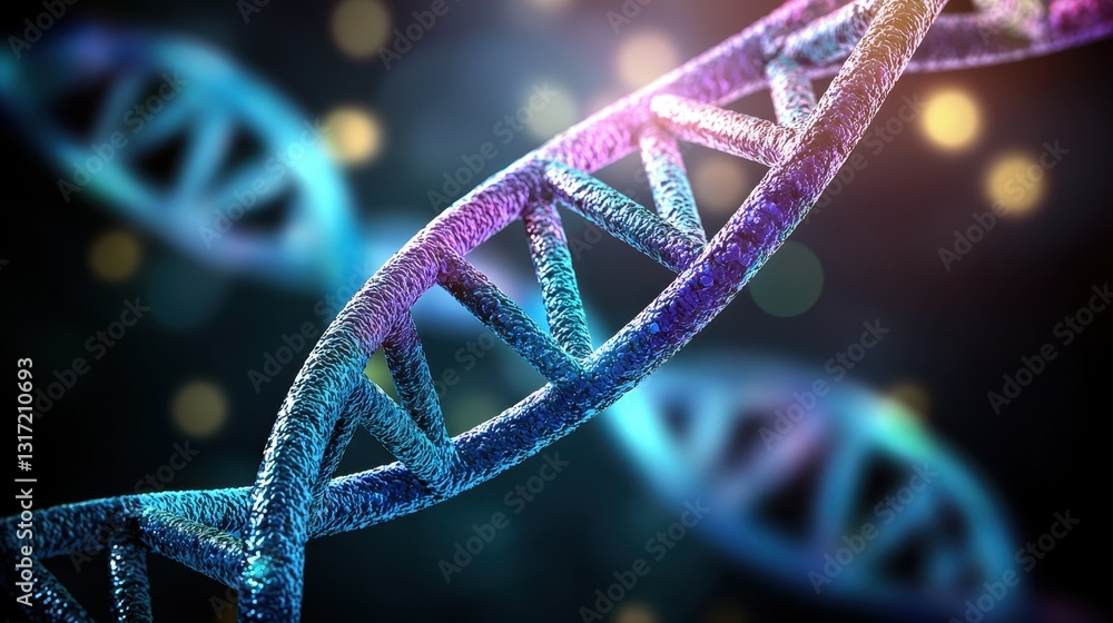 Colorful 3D Representation of DNA Helix with Shimmering Background Colorful 3D Representation of DNA Helix with Shimmering Background