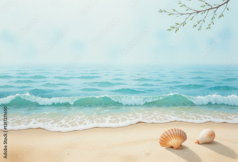 Serene Digital Illustration Concept Seashells Sandy Beach Gentle Waves Light Blue Ocean Background - Relaxation Vacation Travel Marketing Serene Digital Illustration Concept Seashells Sandy Beach Gentle Waves Light Blue Ocean Background - Relaxation Vacation Travel Marketing