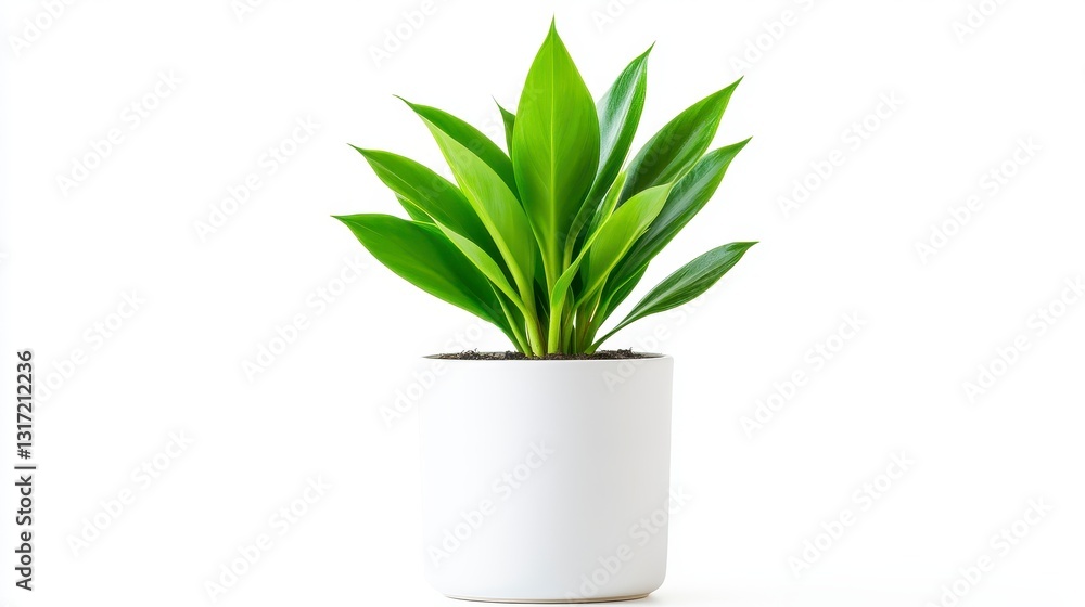 Vibrant green plant in a white pot against a bright white background. The plant has long, pointed leaves Vibrant green plant in a white pot against a bright white background. The plant has long, pointed leaves