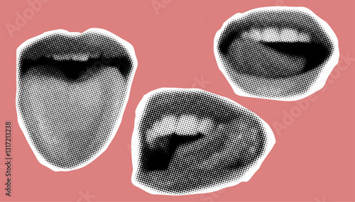 Set of retro halftone open mouth, tongue touches the teeth,halftone collage element,torn from paper