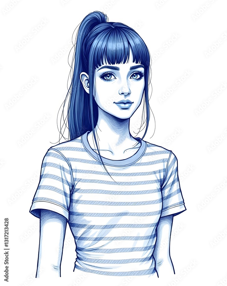 Monochrome blue digital illustration of a young woman with long hair in a ponytail, wearing a striped shirt and gazing confidently forward. Monochrome blue digital illustration of a young woman with long hair in a ponytail, wearing a striped shirt and gazing confidently forward.