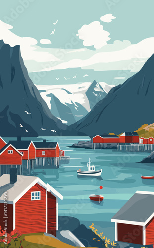 Lofoten Island Scenic Summer Landscape with Red Fishermen Cabins and Mountains