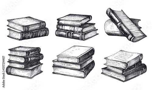 Vintage Hand-Drawn Engraving Style Book Stacks Illustration Pack for Minimalist Designs