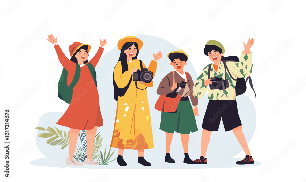 Obraz premium Friends Celebrating in Traditional Attire with Cameras in Minimalist Vector