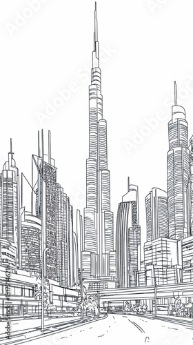 Dubai Cityscape Black and White Coloring Page for Adults with Skyline and Landmarks