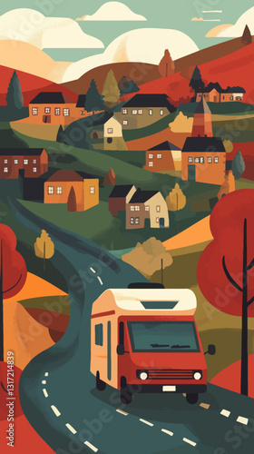 Idyllic RV Road Trip Through Southern European Village - Minimalist Vector Art