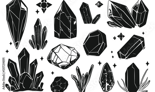 Hand-Drawn Crystal and Gemstone Vector Set: Quartz, Diamond, Moonstone Silhouettes