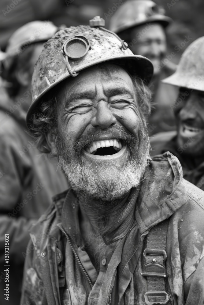 Expressive man wearing a mining helmet laughs outdoors with his colleagues around him Expressive man wearing a mining helmet laughs outdoors with his colleagues around him