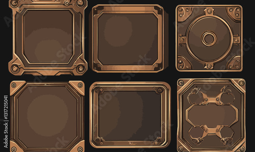 Vintage Steampunk Copper Metal Panels with Text Frames and Borders for Retro Design