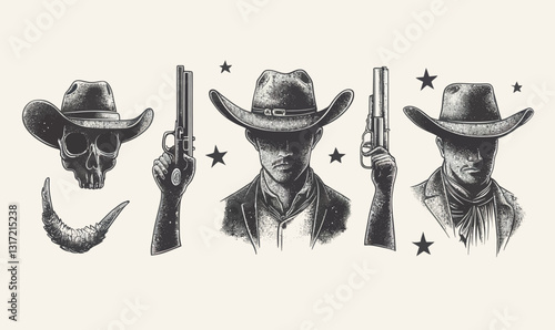 Surreal Wild West Cowboy Vector Set with Stipple Halftone Effect for Posters