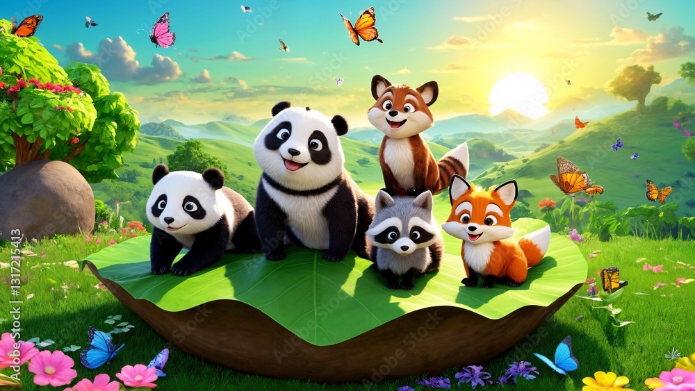Naklejka premium A group of panda bears sitting on top of a green leaf.