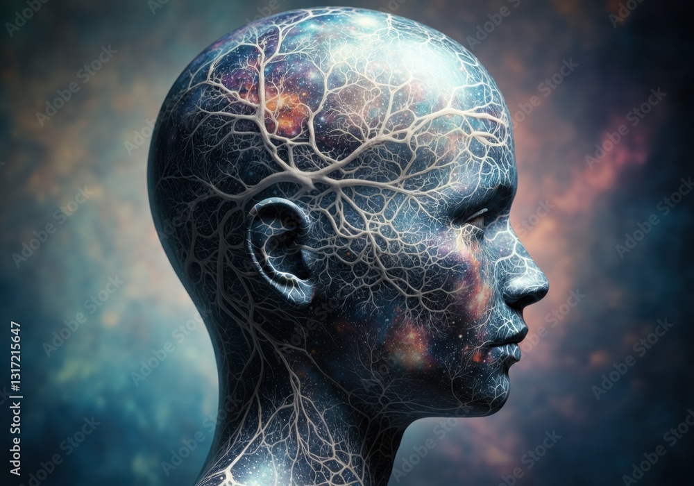 Abstract representation of a human head with cosmic neural patterns Abstract representation of a human head with cosmic neural patterns