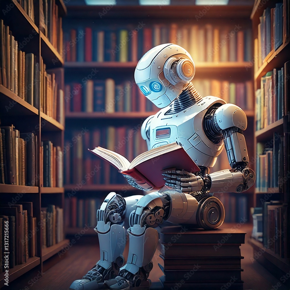 Fototapeta premium AI robot reading a book in a modern library, surrounded by shelves and soft lighting, with copy space on the right for educational or tech-related messaging