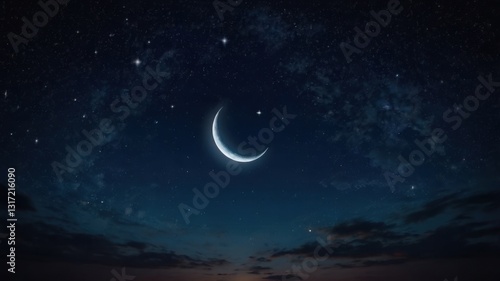 A crescent moon shining brightly with stars and thin clouds scattered across the night sky.
