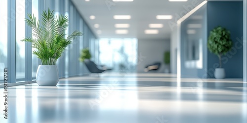 Modern office interior featuring large windows and potted plants for a bright, open workspace