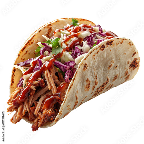 A Delicious Pulled Pork Taco with Coleslaw and Barbecue Sauce Isolated on Transparent Background