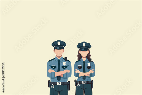 Illustration Male And Female Police Officers In Uniform, Standing With Confidence, Authority, And Professionalism In Law Enforcement. Vector illustration.