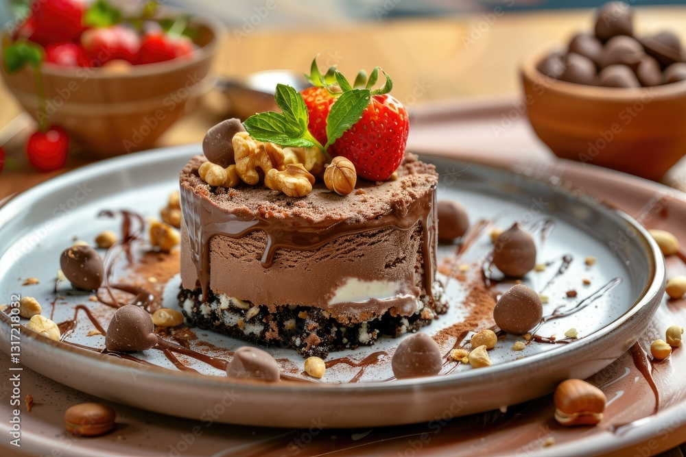 High Detail Image of a Chocolate Ice Cream Cake Sits on a Plate with a Bowl of Nuts High Detail Image of a Chocolate Ice Cream Cake Sits on a Plate with a Bowl of Nuts