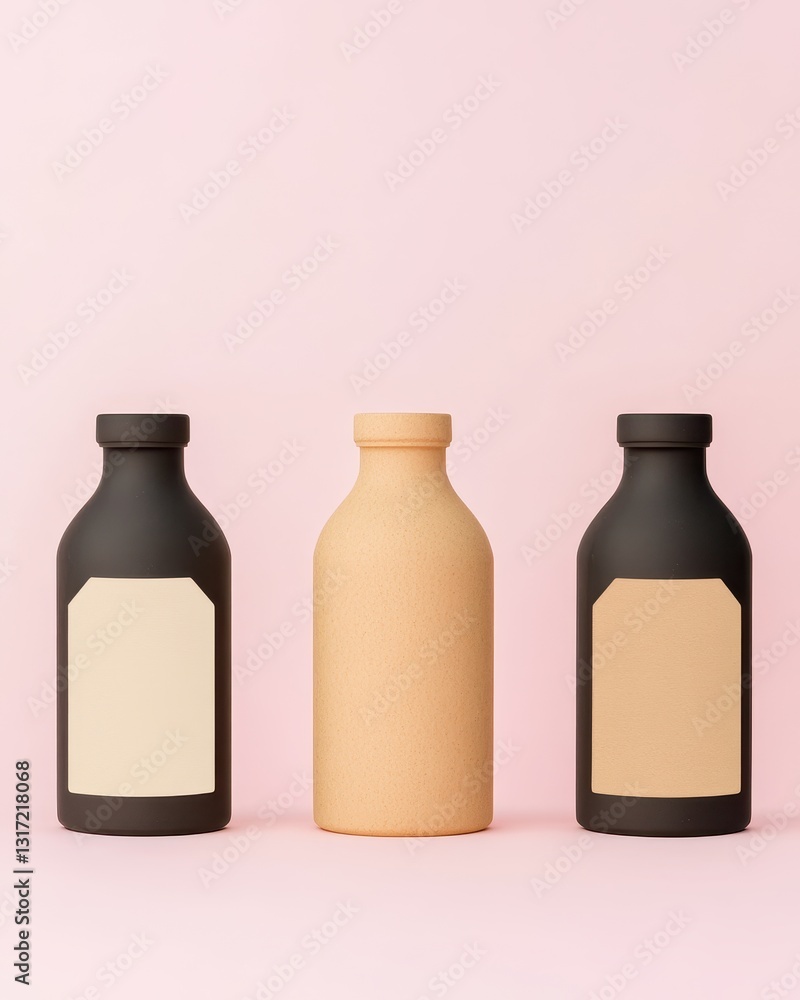Realistic Branding Mockup Three bottles of milk arranged on a soft pastel background for creative branding mockups and product presentation Realistic Branding Mockup Three bottles of milk arranged on a soft pastel background for creative branding mockups and product presentation