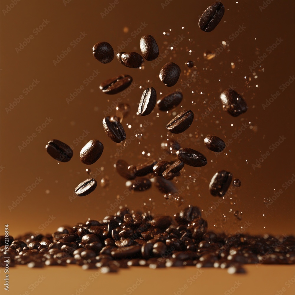 Coffee beans in mid-air, cascading down onto a bed of coffee beans. A dynamic display of fresh roasted coffee Coffee beans in mid-air, cascading down onto a bed of coffee beans. A dynamic display of fresh roasted coffee