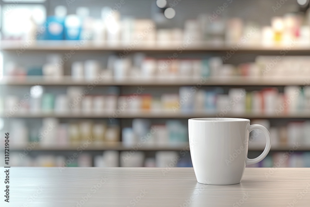 A white coffee mug sits on a light-colored counter, in front of a pharmacy A white coffee mug sits on a light-colored counter, in front of a pharmacy
