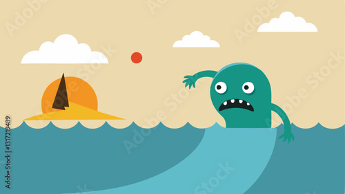 Pushed Back by Waves A character trying to swim toward a sunlit island but is repeatedly pushed back by waves labeled Fear and Doubt depicting struggles in reaching their goals.