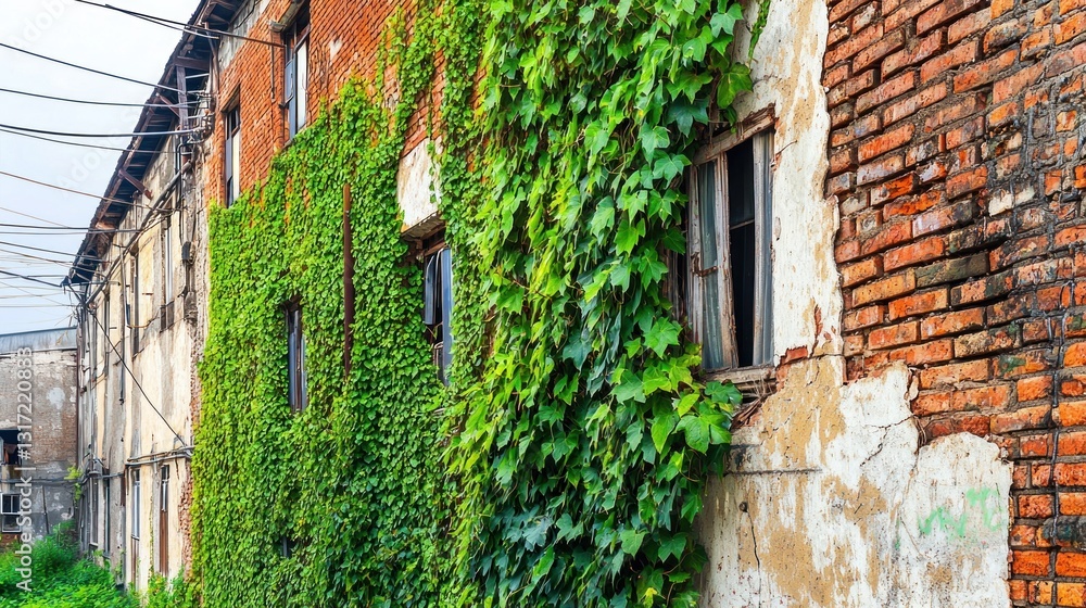 Fototapeta premium Brick building covered in ivy with worn facade and open windows