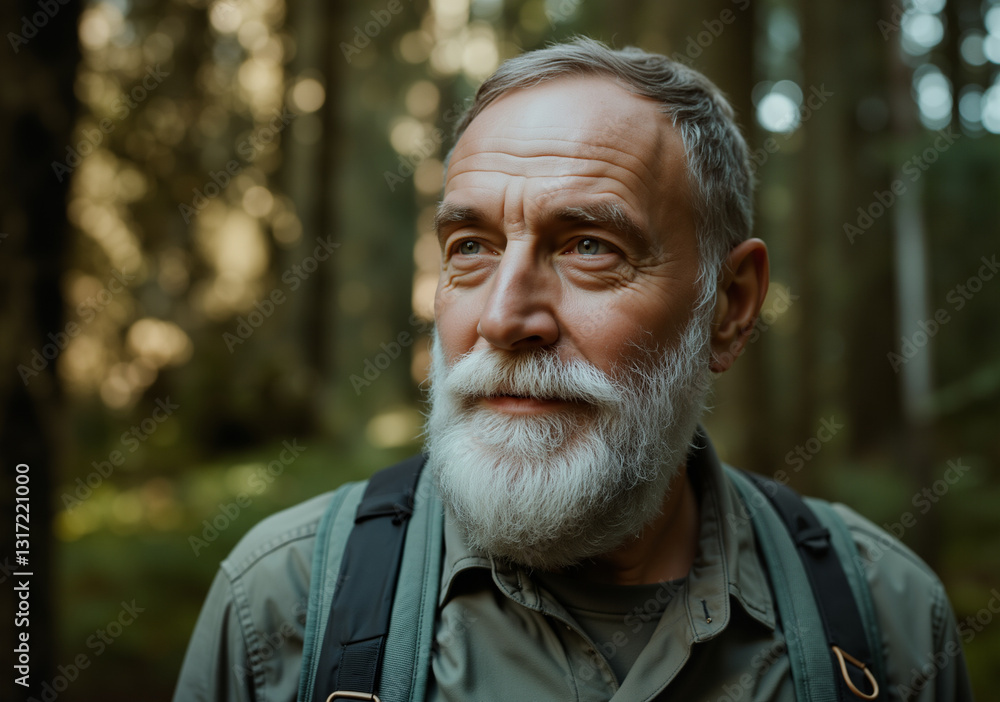 Portrait of a senior hiker enjoying the peace of nature during a trekking day in the forest Portrait of a senior hiker enjoying the peace of nature during a trekking day in the forest