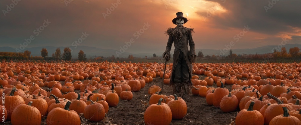 Halloween scarecrow in pumpkin field