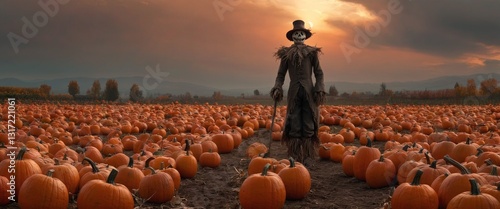 Obraz na płótnie Halloween scarecrow in pumpkin field w salonie