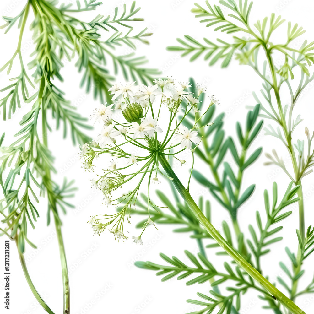 Fototapeta premium Fennel or dill flowers and leaves, for medical or culinary uses, over white background. detailed watercolor illustration