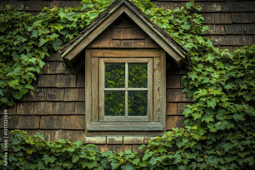 Gable window surrounded by ivy, set in a shingled wall under a roof Gable window surrounded by ivy, set in a shingled wall under a roof