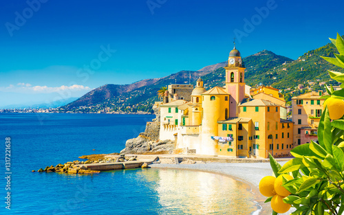 Obraz na płótnie Scenic Mediterranean riviera coast. Panoramic view of Camogli town in Liguria, Italy. Basilica of Santa Maria Assunta and colorful palaces. Liguria, Italy
w salonie