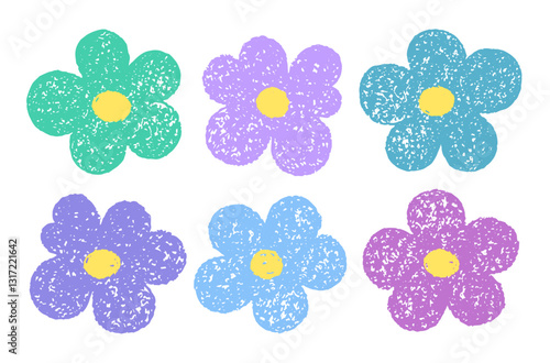 Crayon flower. Chalk pastel child flower drawing. Kid crayon pencil art. Color spring, summer daisy. Blue doodle hand drawn vector. Cute childish watercolor floral pattern background. Pastel vector bg