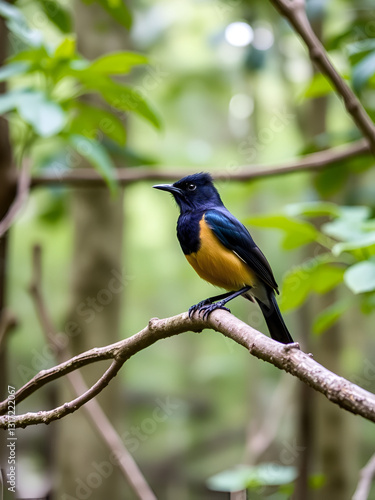 Prosthemadera novaeseelandiae - Tui endemic New Zealand forest bird sitting on the branch in the forest. photo