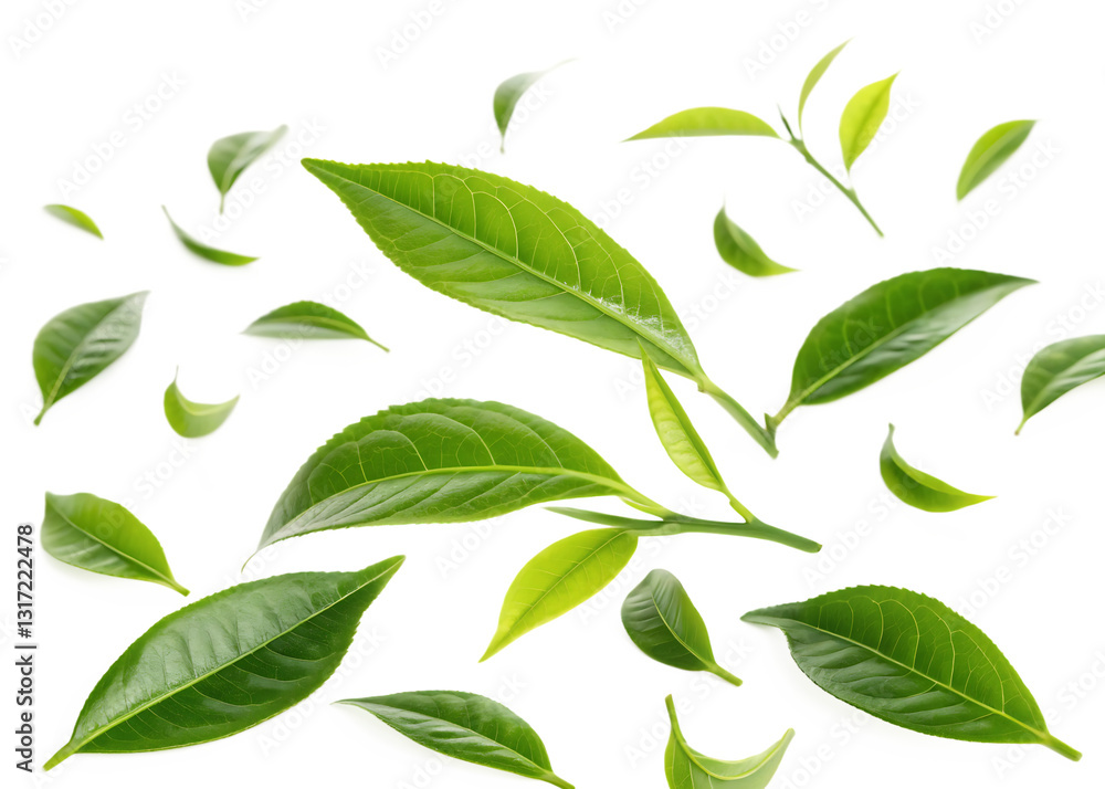 green mint leaves falling isolated on a white background green mint leaves falling isolated on a white background