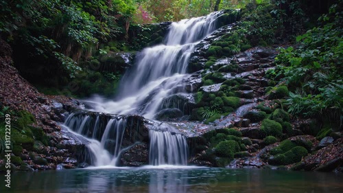 Relaxing waterfall cascading over rocks in a serene forest setting during daytime