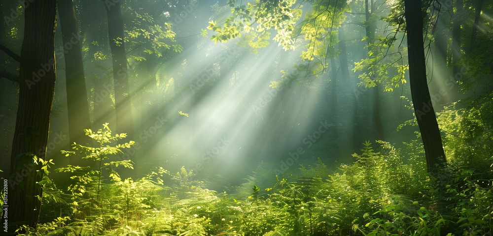 Obraz premium A tranquil forest landscape bathed in sunlight, where rays filter through the leafy green canopy, creating a serene and calming atmosphere.