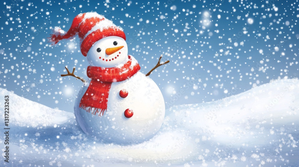 Whimsical snowman in red scarf and hat amidst falling snowflakes in winter wonderland scene Whimsical snowman in red scarf and hat amidst falling snowflakes in winter wonderland scene