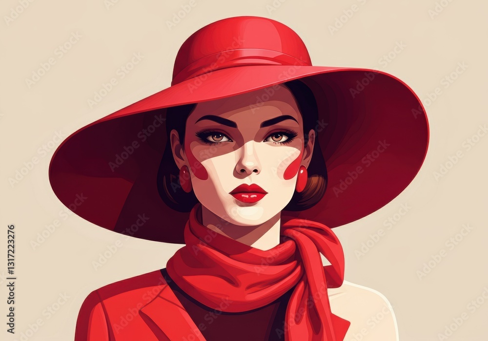 Elegant woman in a striking red hat and scarf, exuding confidence and style Elegant woman in a striking red hat and scarf, exuding confidence and style