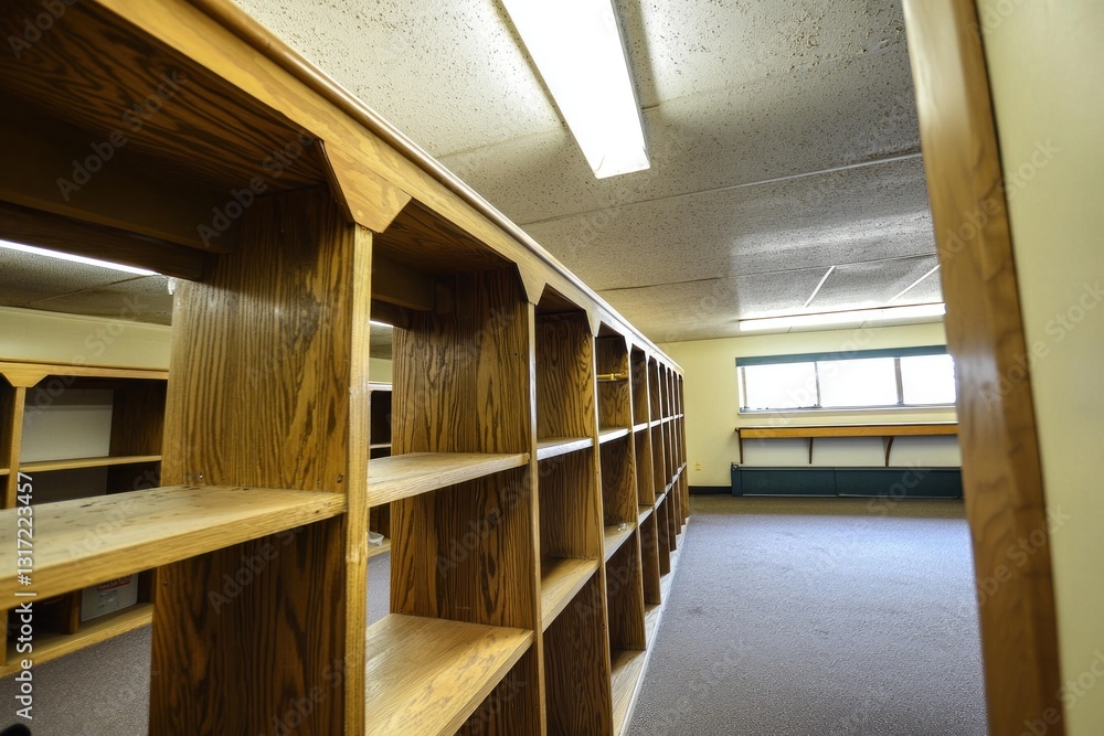Fototapeta premium Empty wooden bookshelves in a vacant room with bright window light