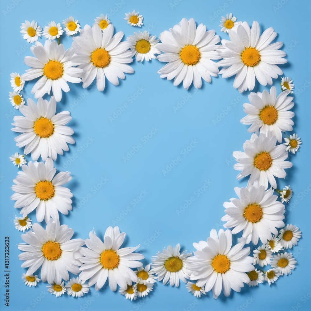 Chamomile flowers collection on blue. Set of colorful Chamomile or Daisy flowers background, top view. Floral pattern.,