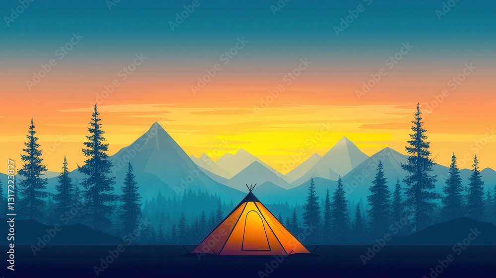 Vibrant Sunset Over Mountains with Tent and Pine Trees in Nature Vibrant Sunset Over Mountains with Tent and Pine Trees in Nature