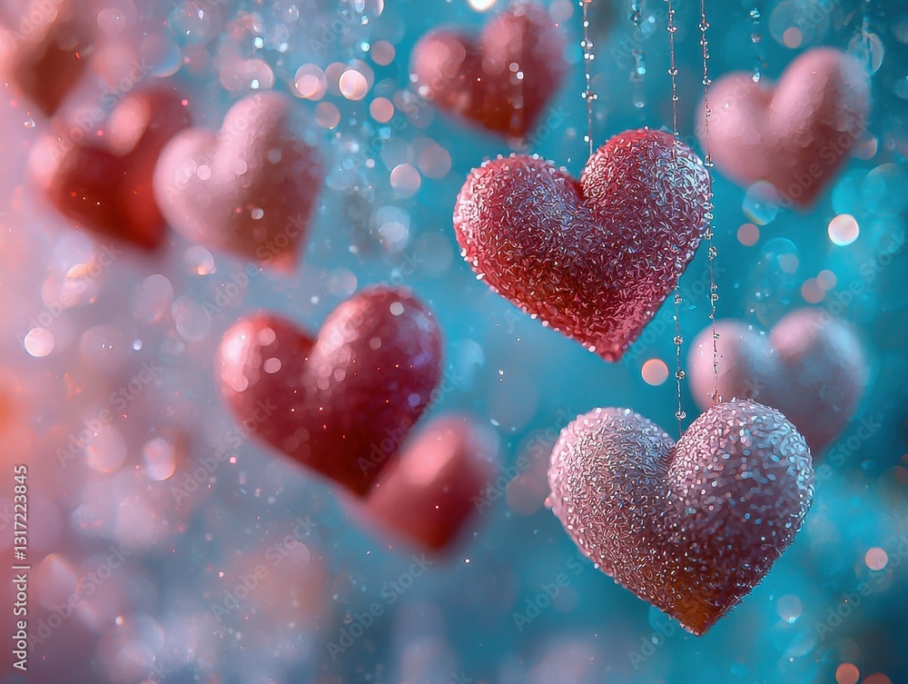 Fototapeta premium Floating Hearts Photography: Soft, Glossy Watercolor Design for Art Projects and Creative Advertisements (Heart Decoration Backgrounds)