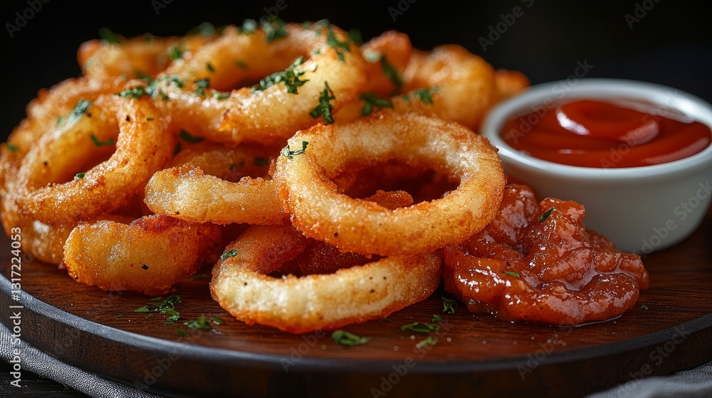 On a wooden board are ketchup, onion rings, and crispy fries. On a wooden board are ketchup, onion rings, and crispy fries.